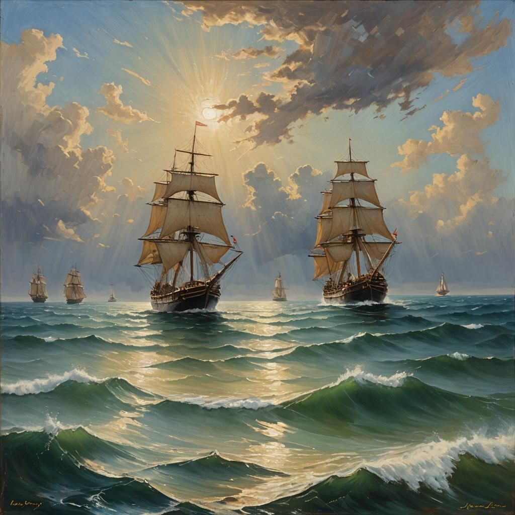 Two Ships Sailing: Oil Painting Seascape