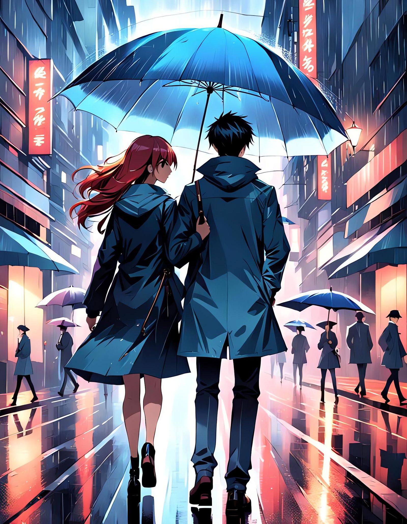 Anime Style Couple in Rainy Tokyo Street Scene