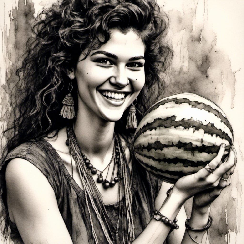 Boho Charcoal Illustration of Person with Watermelon