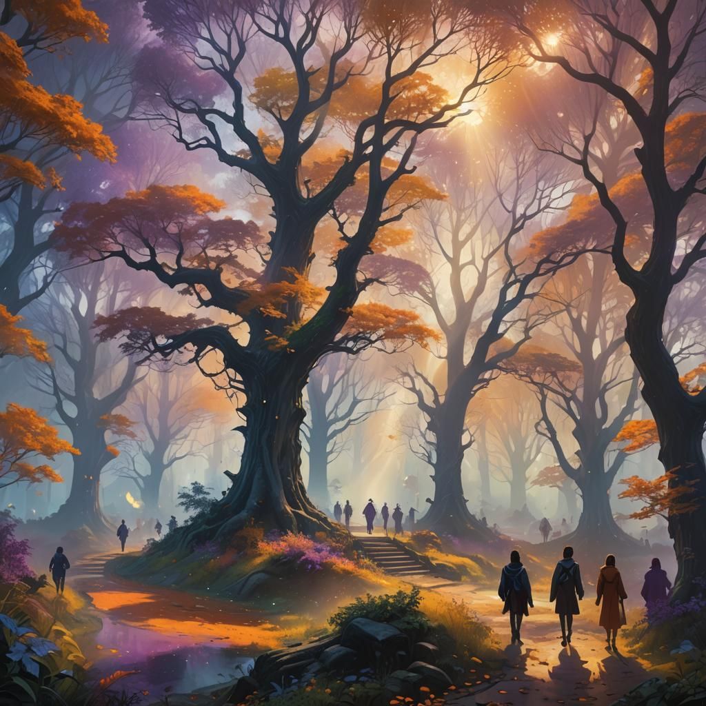 Ethereal Fantasy World: Fog Swirling in Lush Trees