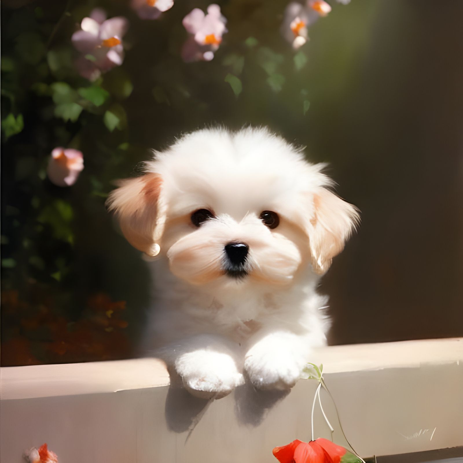Adorable Maltese Puppy with Big Eyes in Oil Painting Style