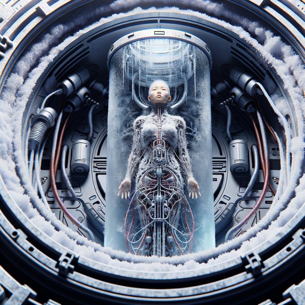 Dystopian Cryo-Chamber: Woman Suspended in Frost