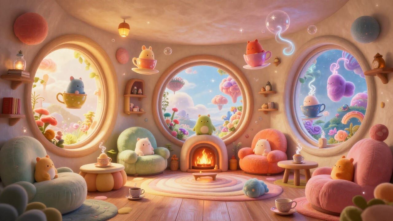 Surreal Fairy Tale Cottage Interior in Pastel Jewel Tones