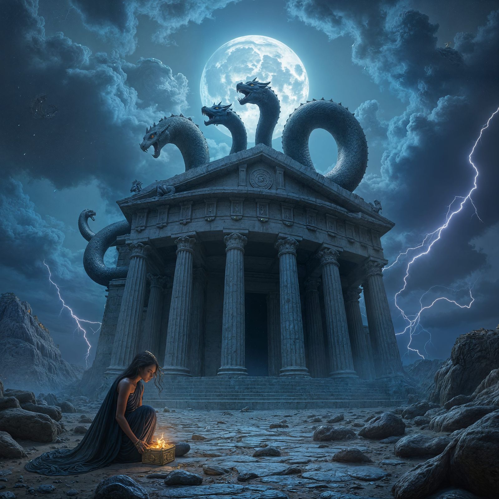 Nine-Headed Naga Serpent Guards Pandora's Box