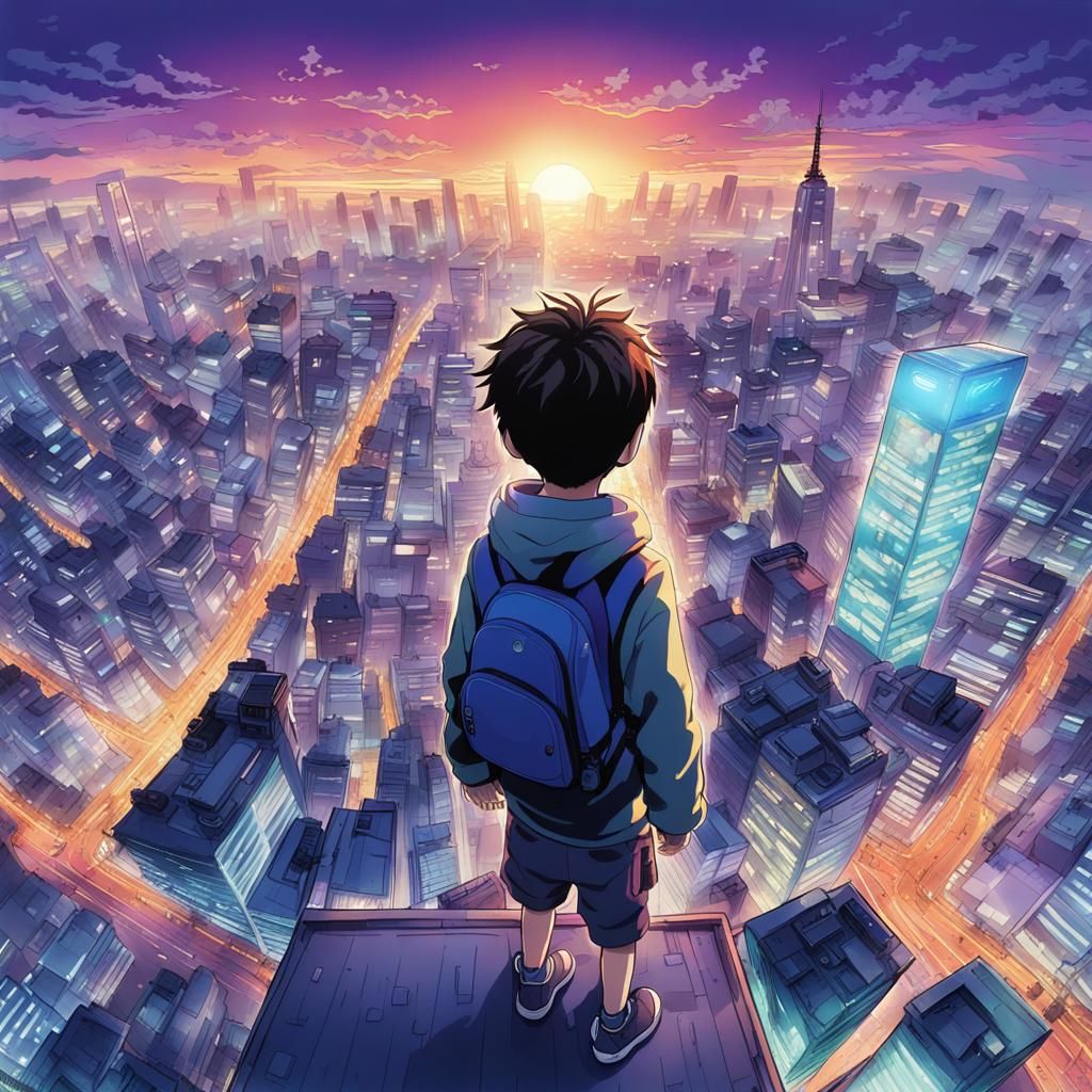 Boy Overlooking Tokyo in Manga Anime Style