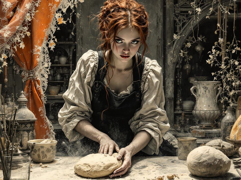 Redhead Baker Kneading Dough in Gothic Romantic Style