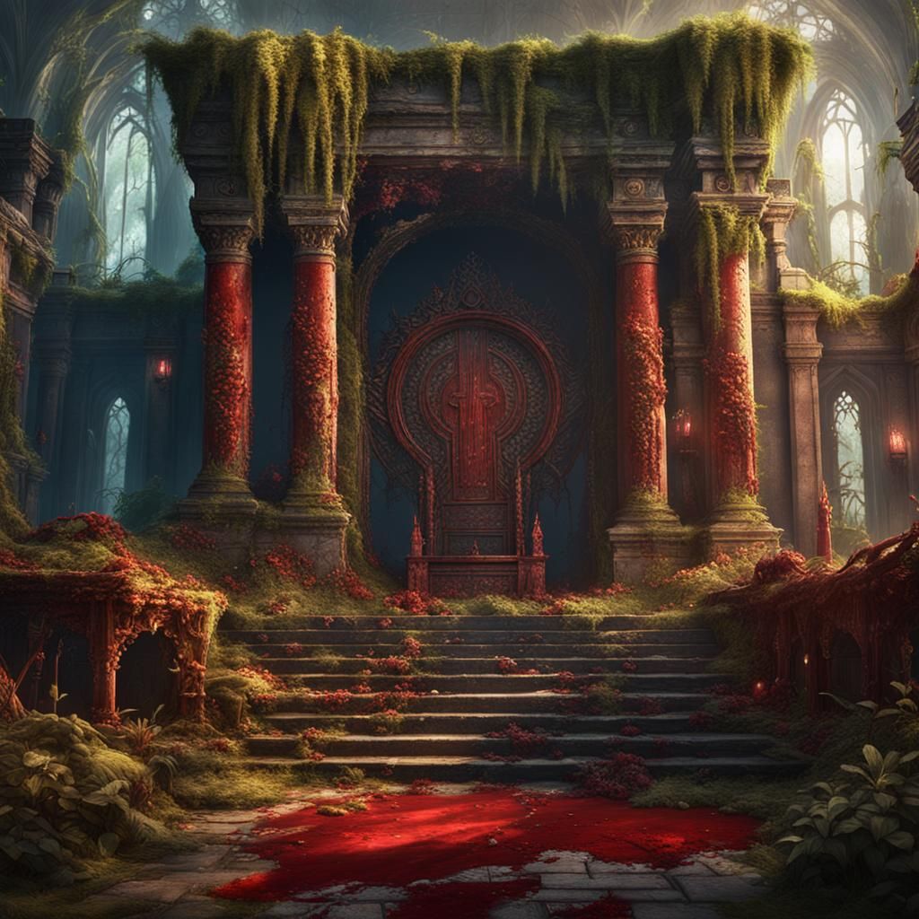 Overgrown Ruined Temple with Sacrificial Altar