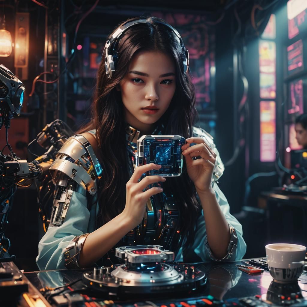 Neon Cyberpunk Portrait with Robotic Face