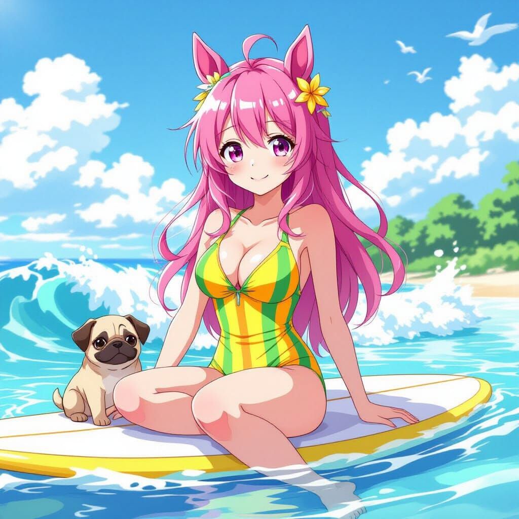 Anime Girl with Horse Ears and Pug Puppy
