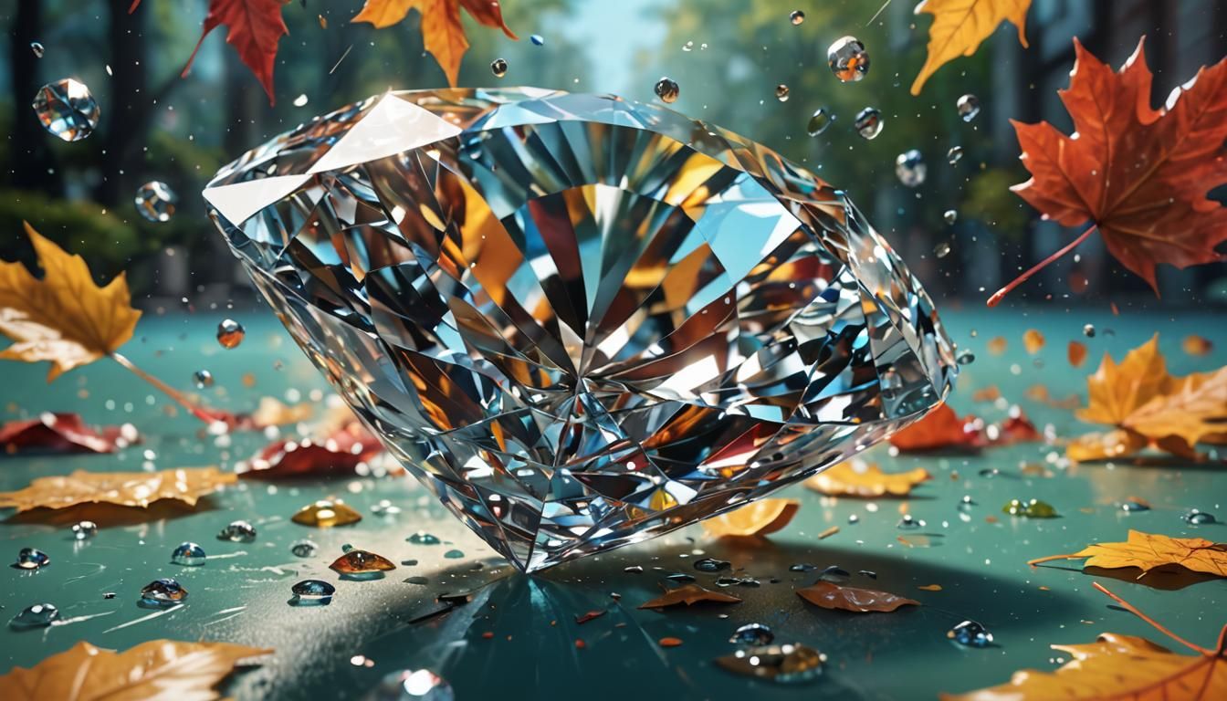 Diamond Shattered by Leaf: Hyperrealistic Splash Art
