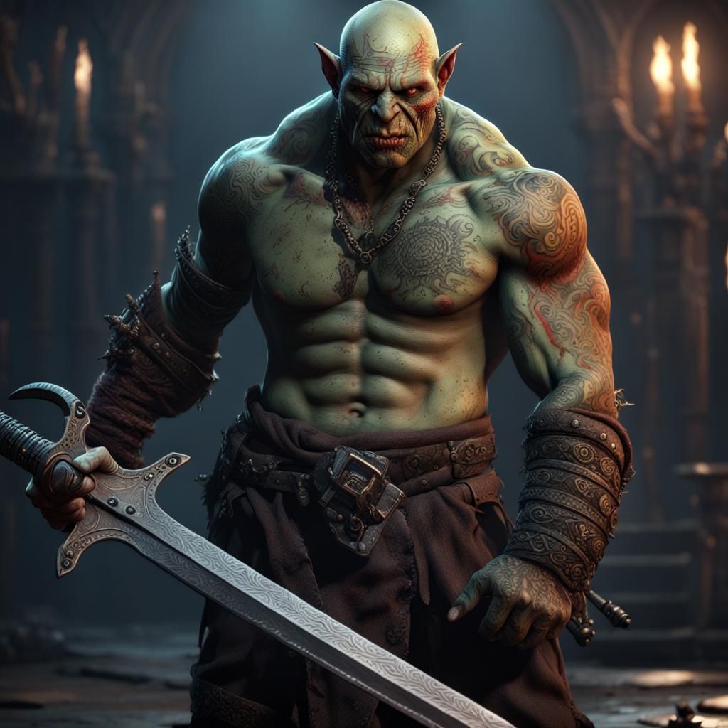Scarred Orc Barbarian with Sword: Fantasy Concept Art