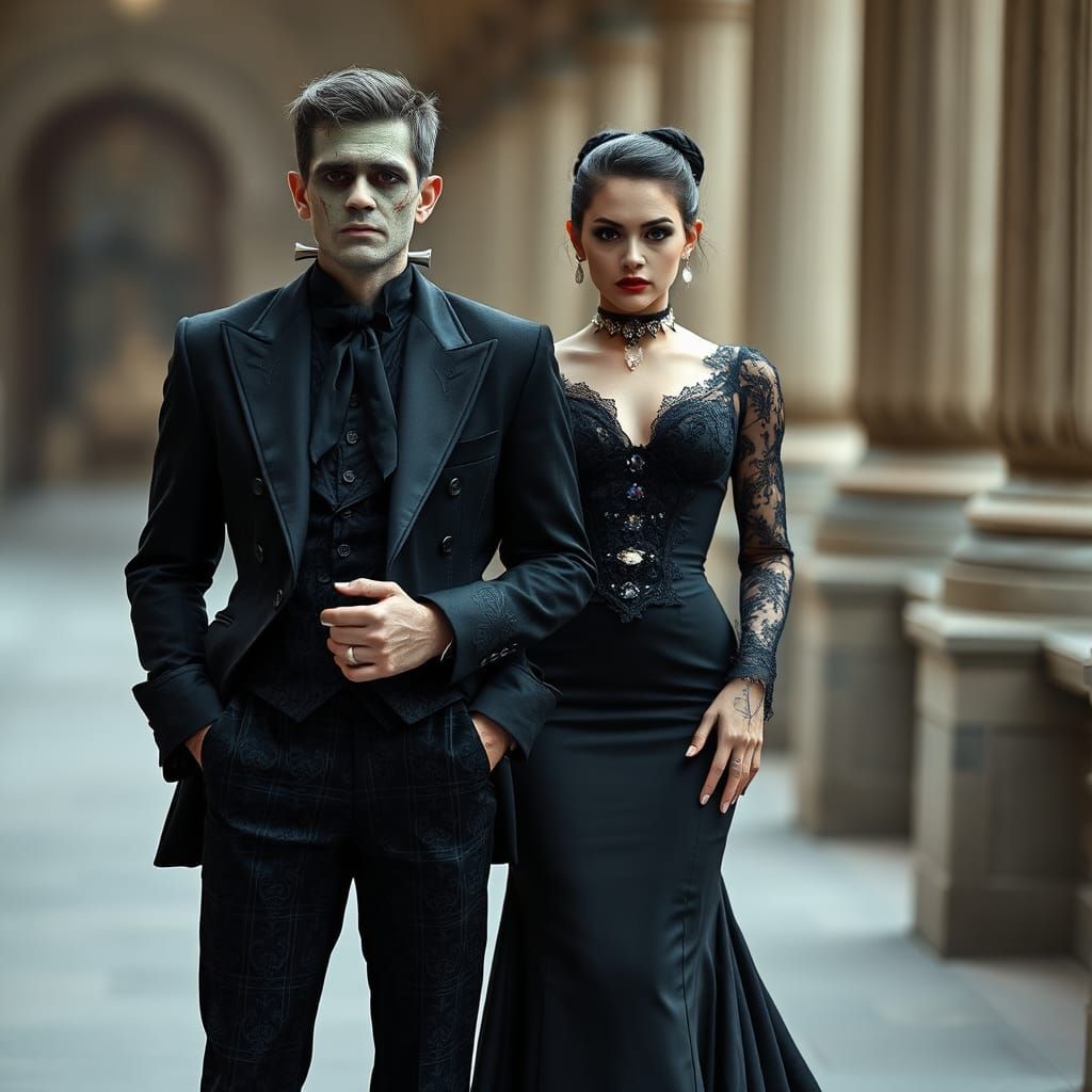 Modern Gothic Frankenstein Couple in High Fashion