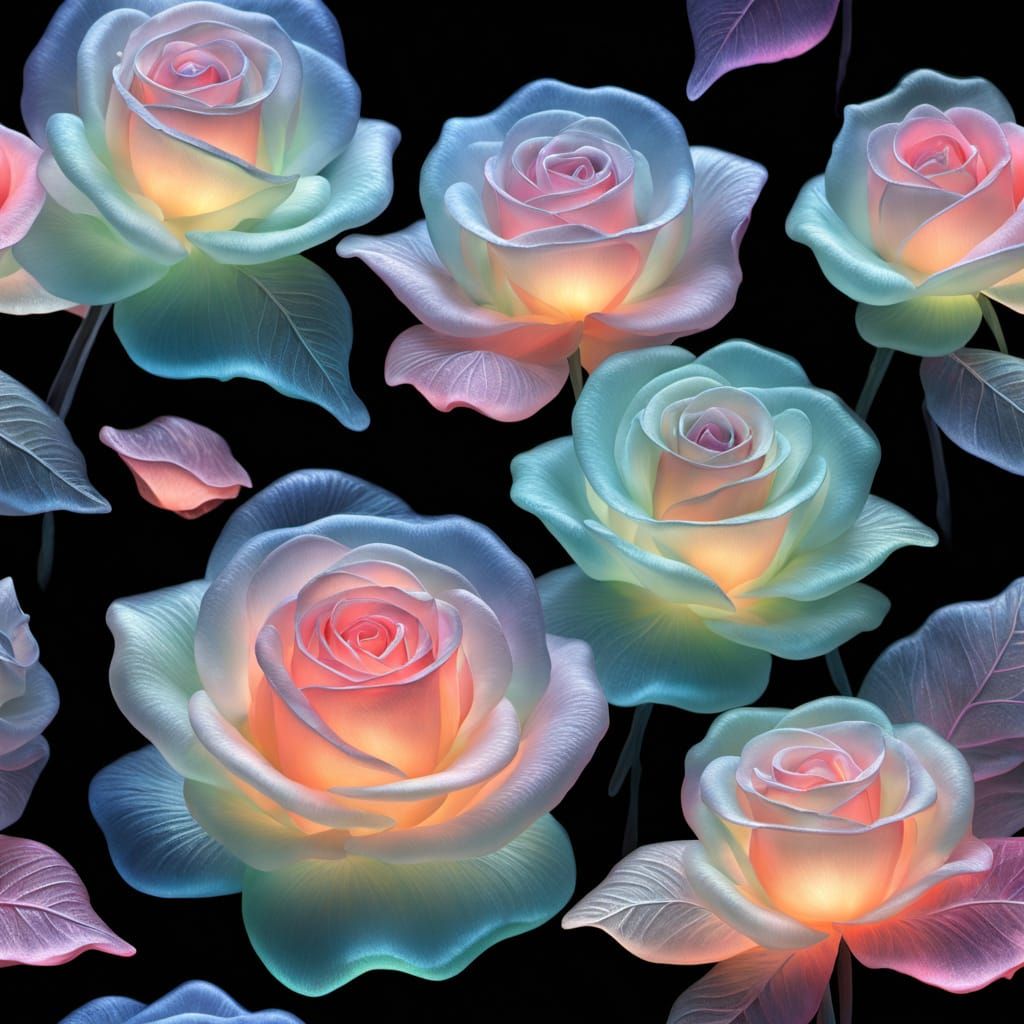 Iridescent Sea Glass Rose Sculpture in Pastel Neon Glow