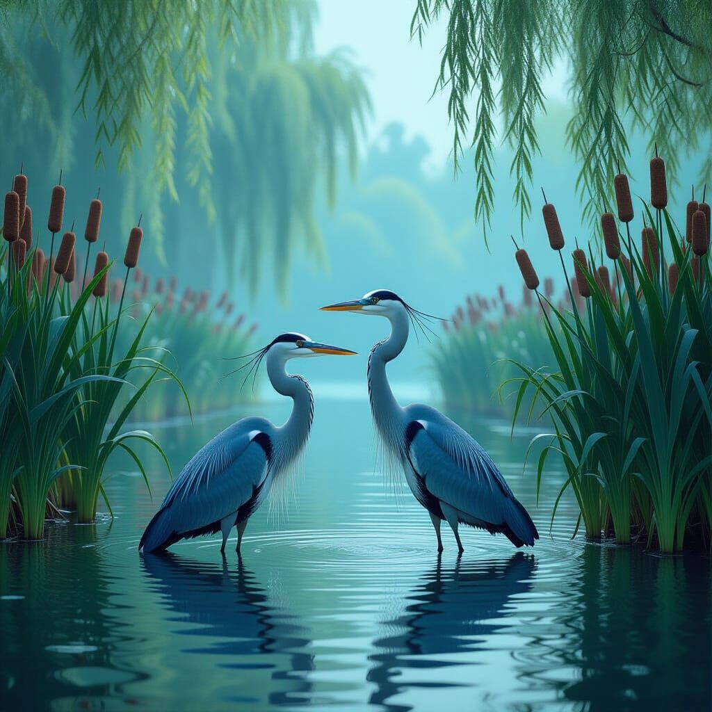 Surreal Blue Heron in Pond, Dreamlike Landscape