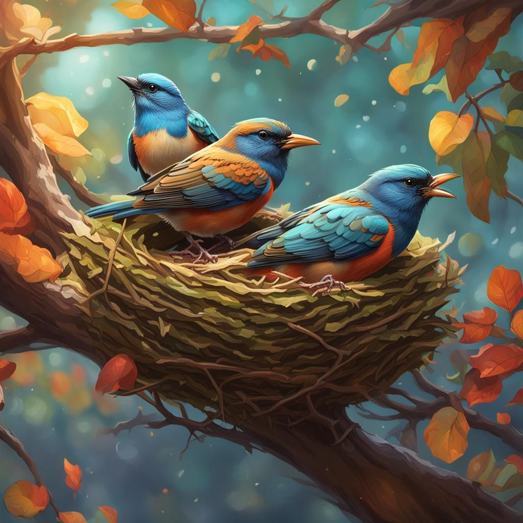 Birds Building a Nest: Hyperdetailed Digital Art
