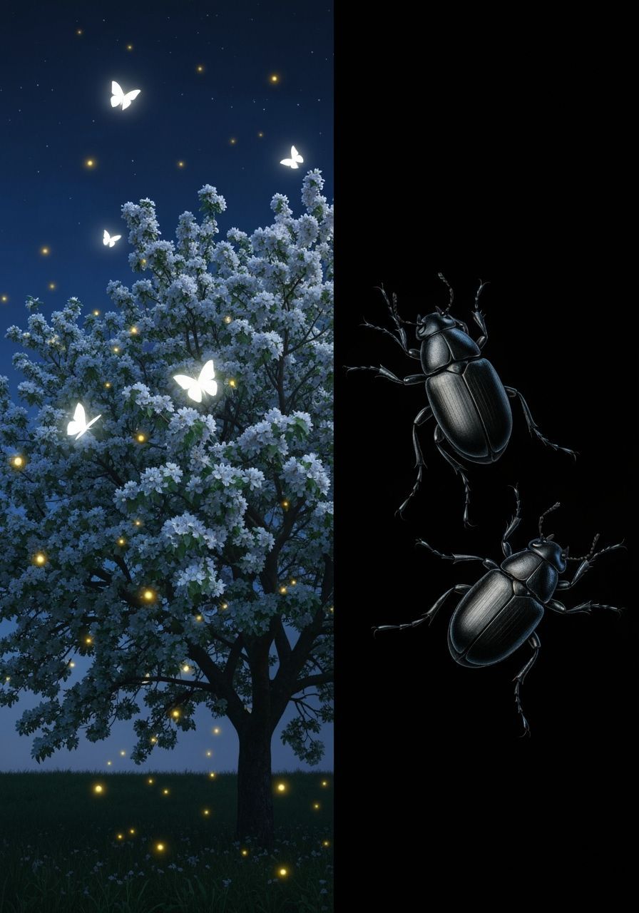 Surreal Double Exposure: Night Blossom and Beetles