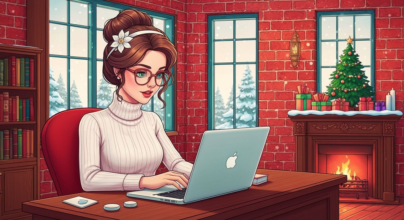 Victorian Lady Working on Laptop in Snowy Room