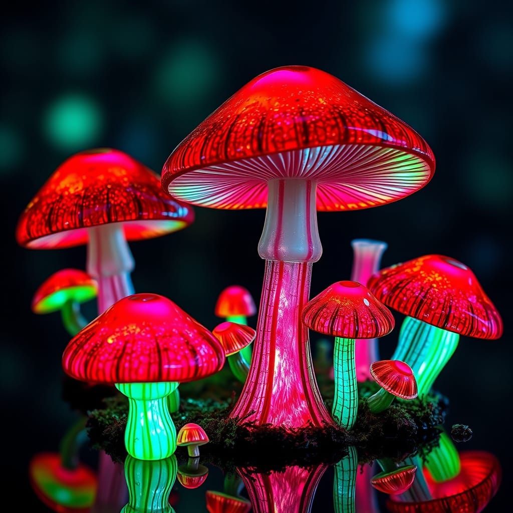 Luminous Glass Mushrooms in a Mystical Scene
