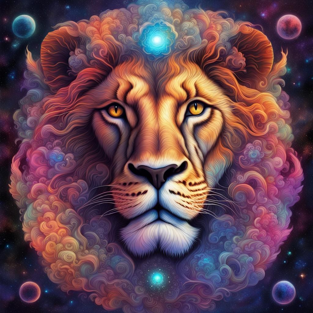 Lost Lion in Cosmic Astral Holographic Illustration