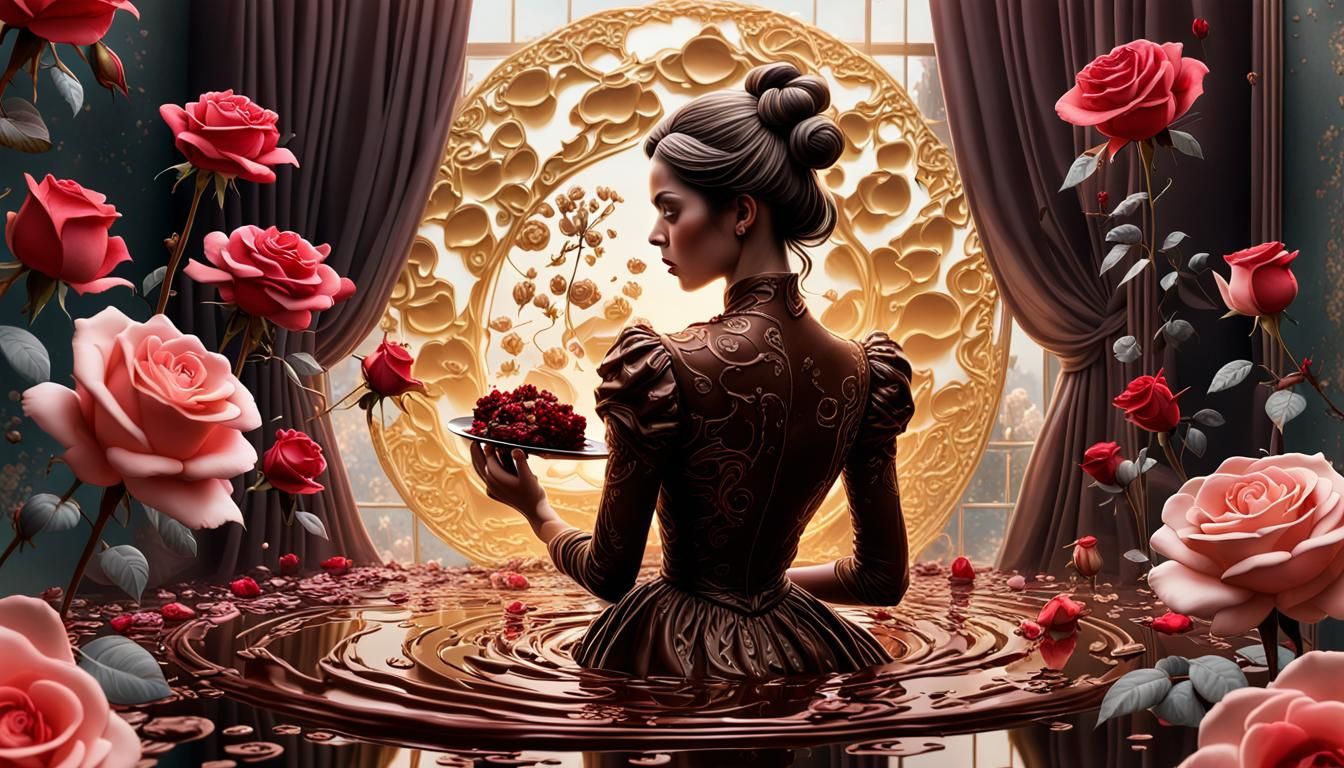 Magical Chocolate World with Roses in Gouache