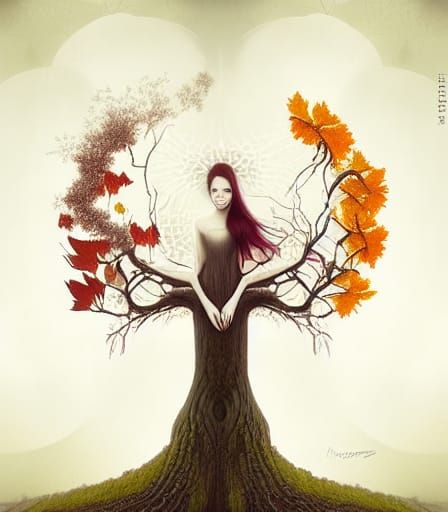 Oak Tree with Vines, Wildflowers, in Fractal Style