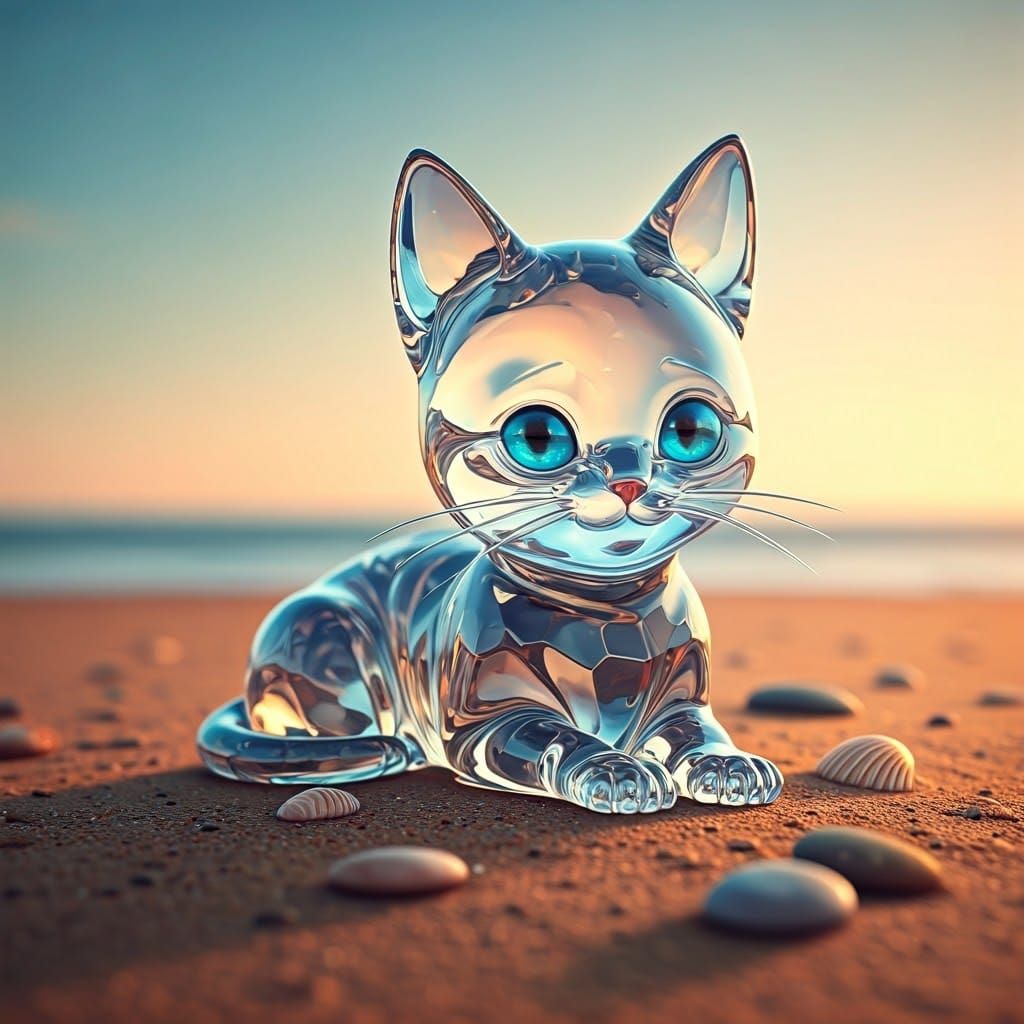 Glass Kitten on Beach in Pixar Animation Style