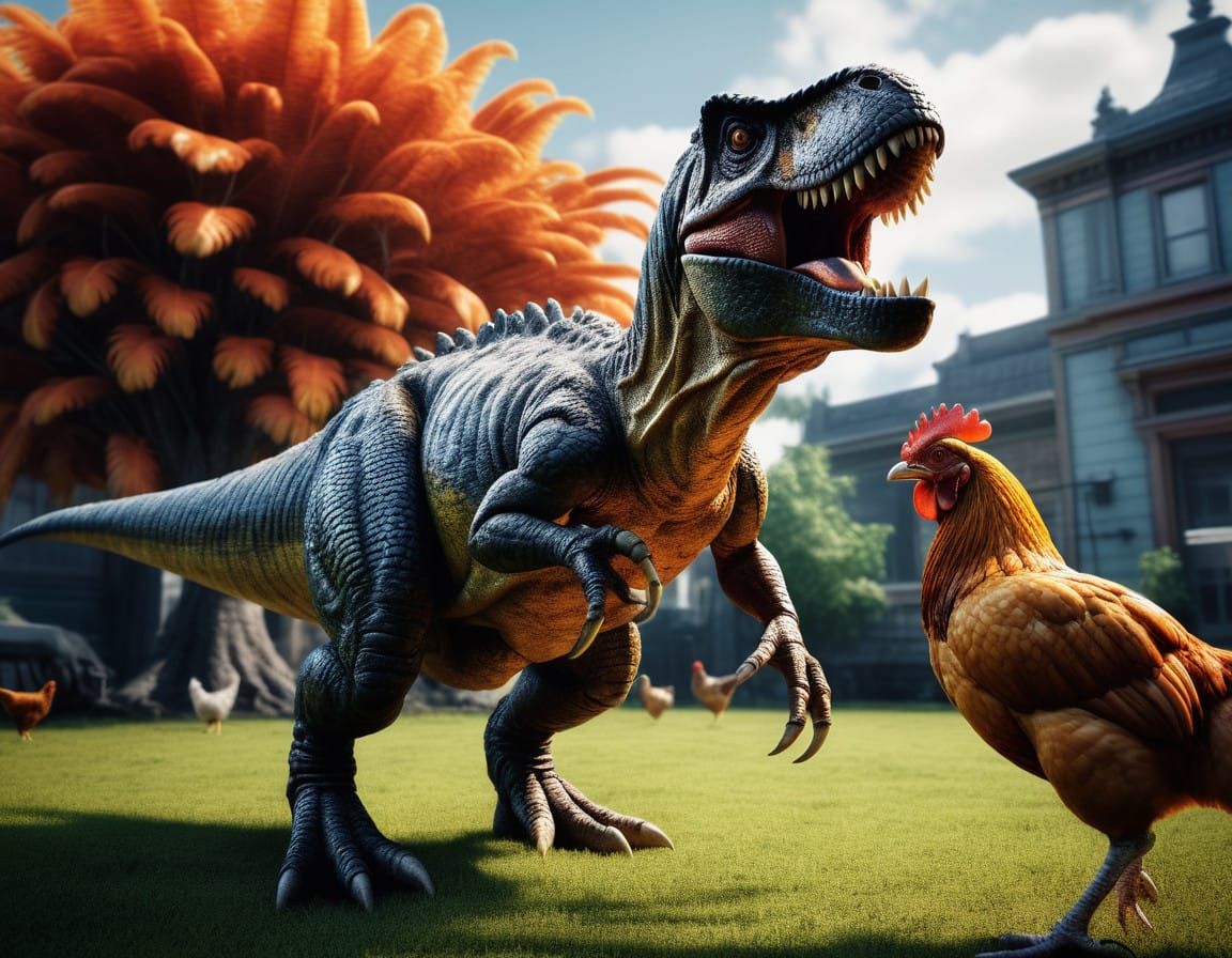 T-Rex and Chicken Standoff in Moody Atmosphere