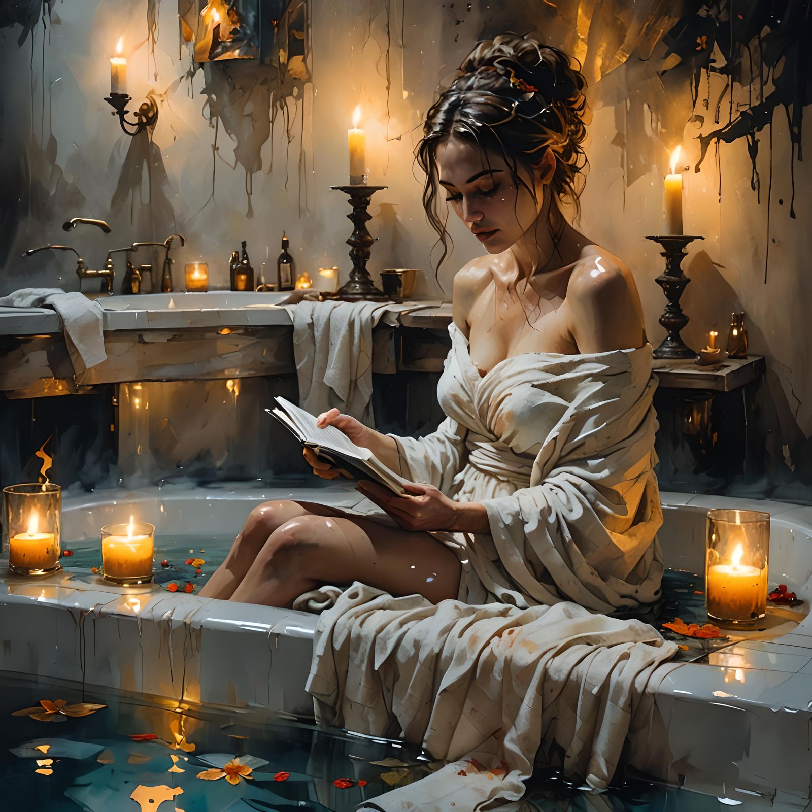 Woman Reading in Candlelight: Surreal Alcohol Ink Art