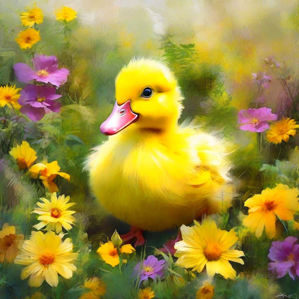 Vibrant Yellow Duckling in Whimsical Garden