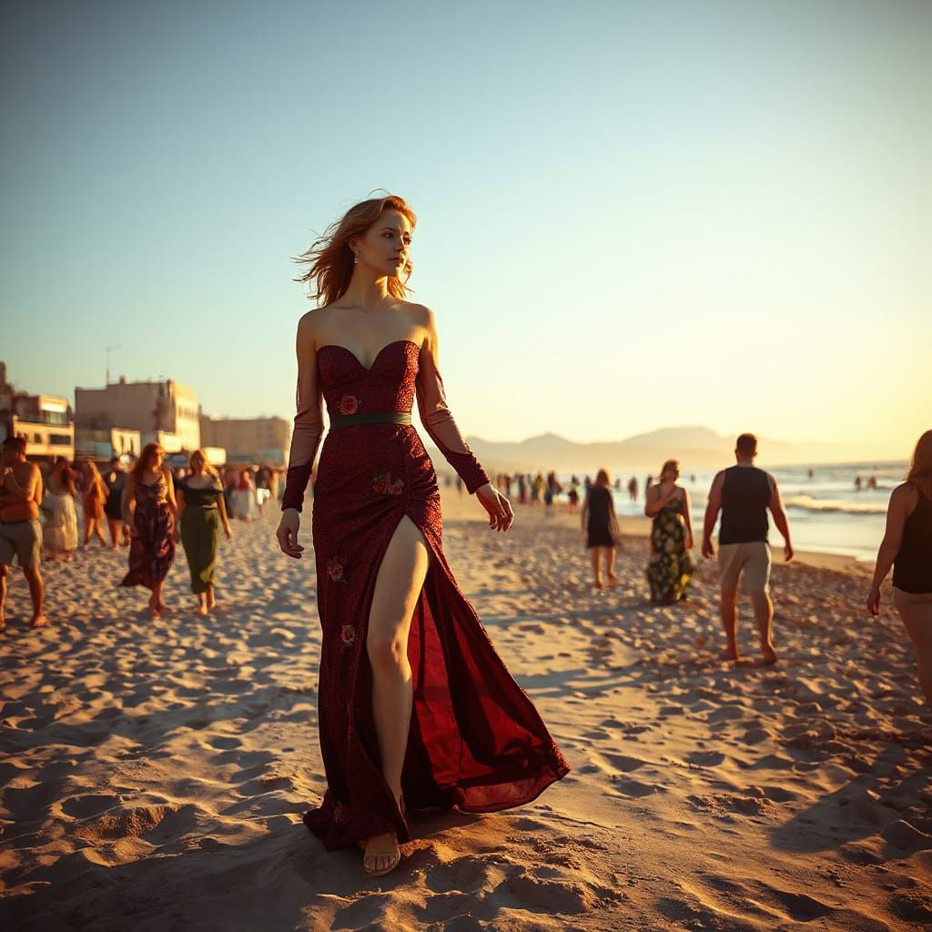 Ginger Woman in Red Gown on Crowded Beach