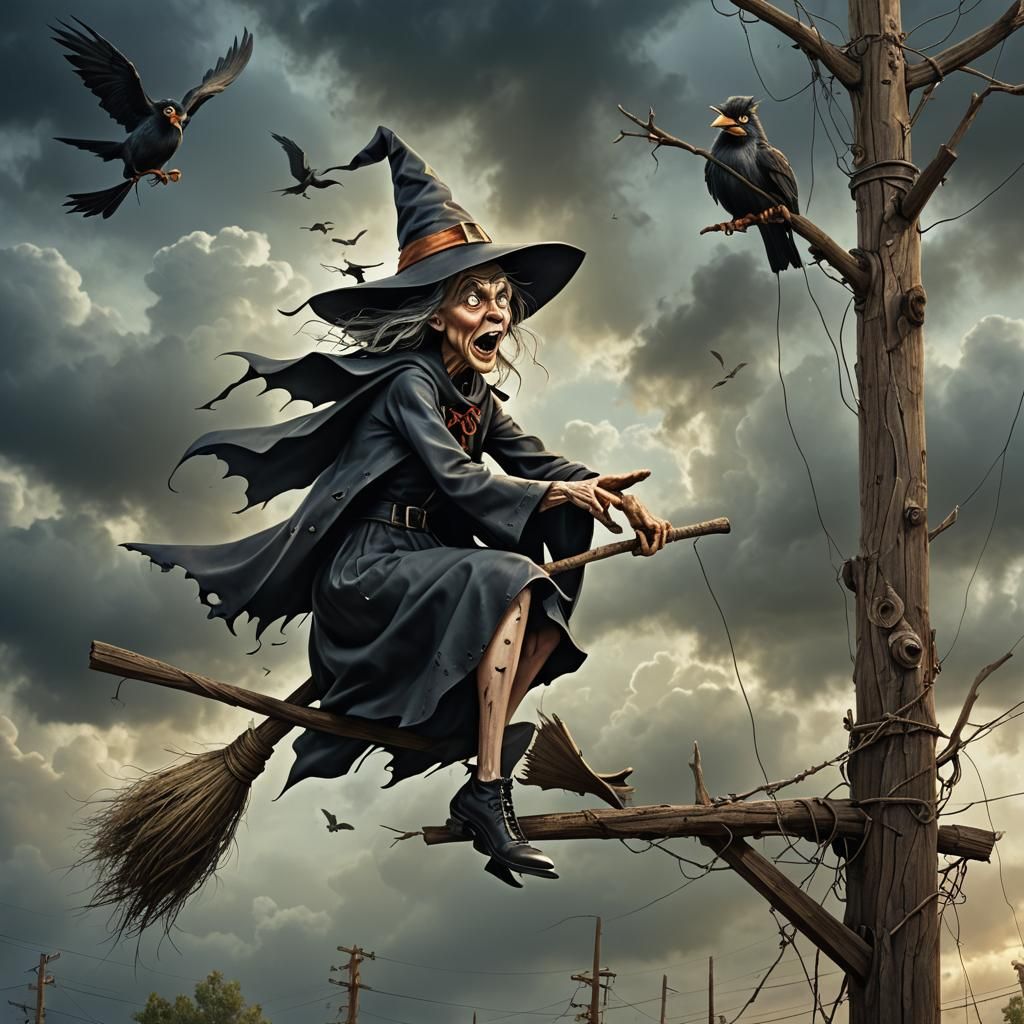 Create an image of  photo realistic image of a funny, goofy caricature of a distressed looking witch on a broom who cras...