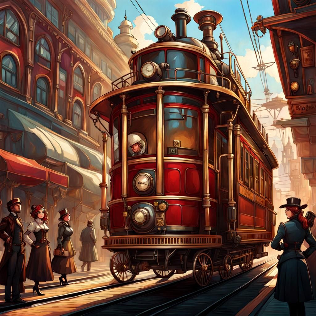 Steampunk City with Steam-Powered Tram and Robot Pets