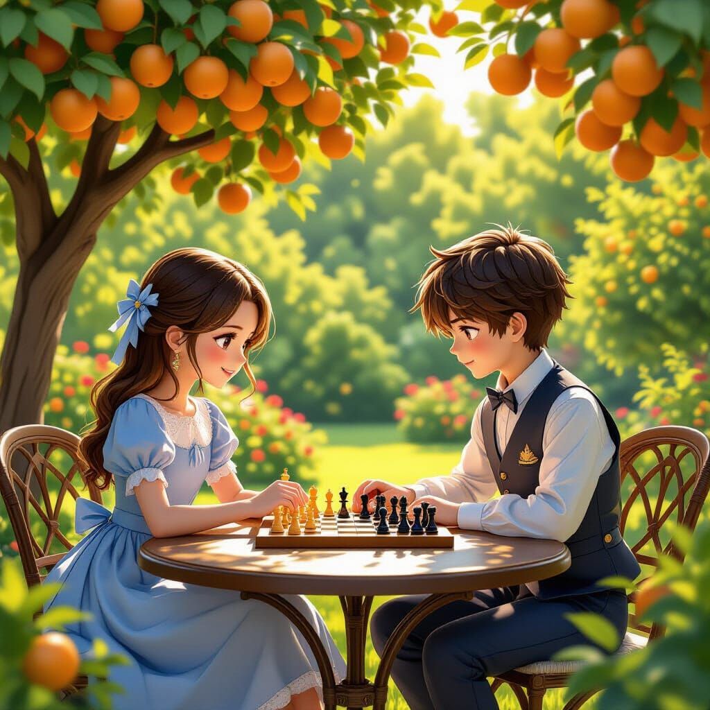 Chess Game in Golden Apple Garden, 3D Anime Style