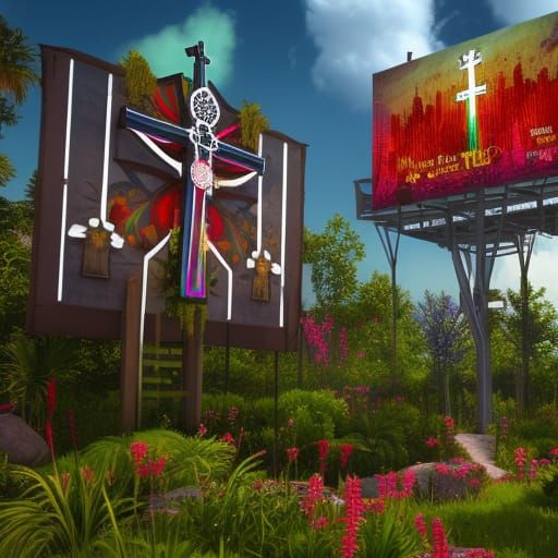 Billboard with Holy Cross in Colourful Garden
