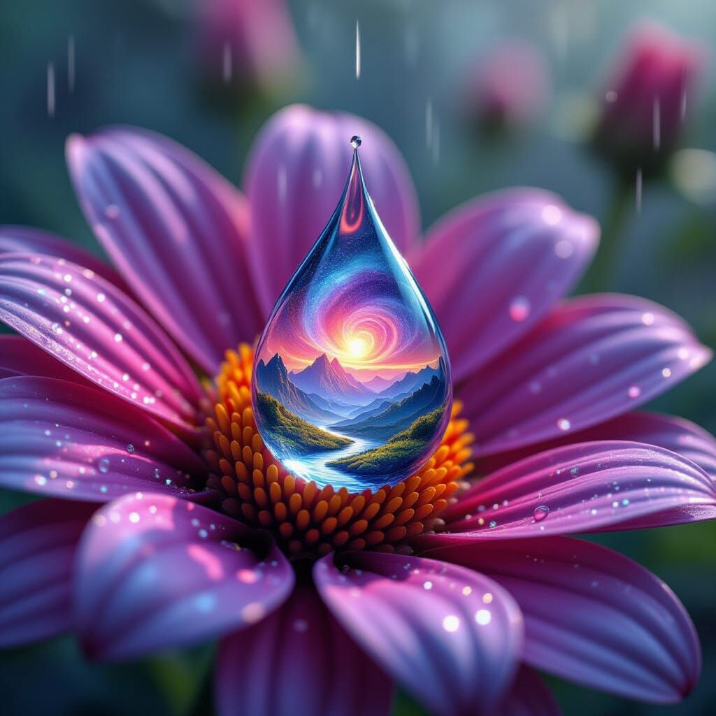 Raindrop Reflecting Alien Landscape, Detailed Matte Painting