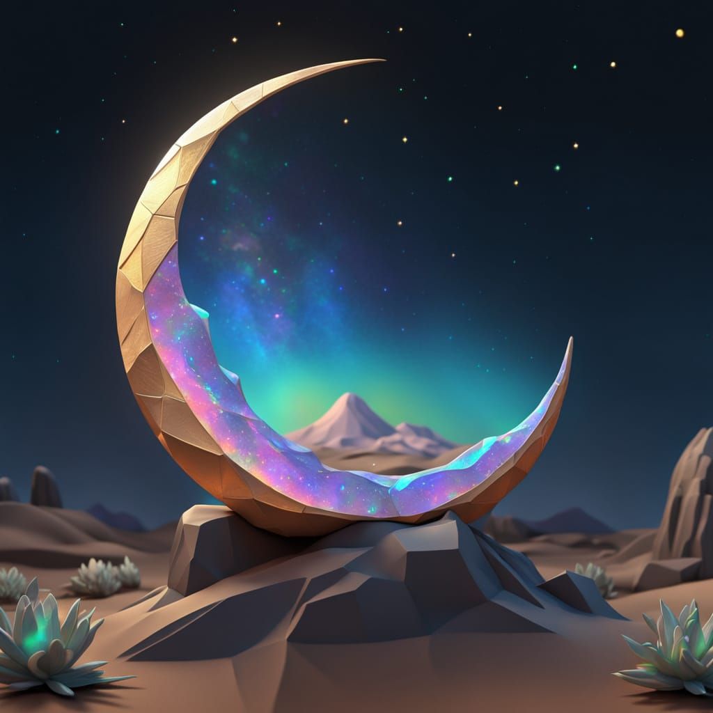Surreal Opal Moonrise in Low-Poly Clay Style