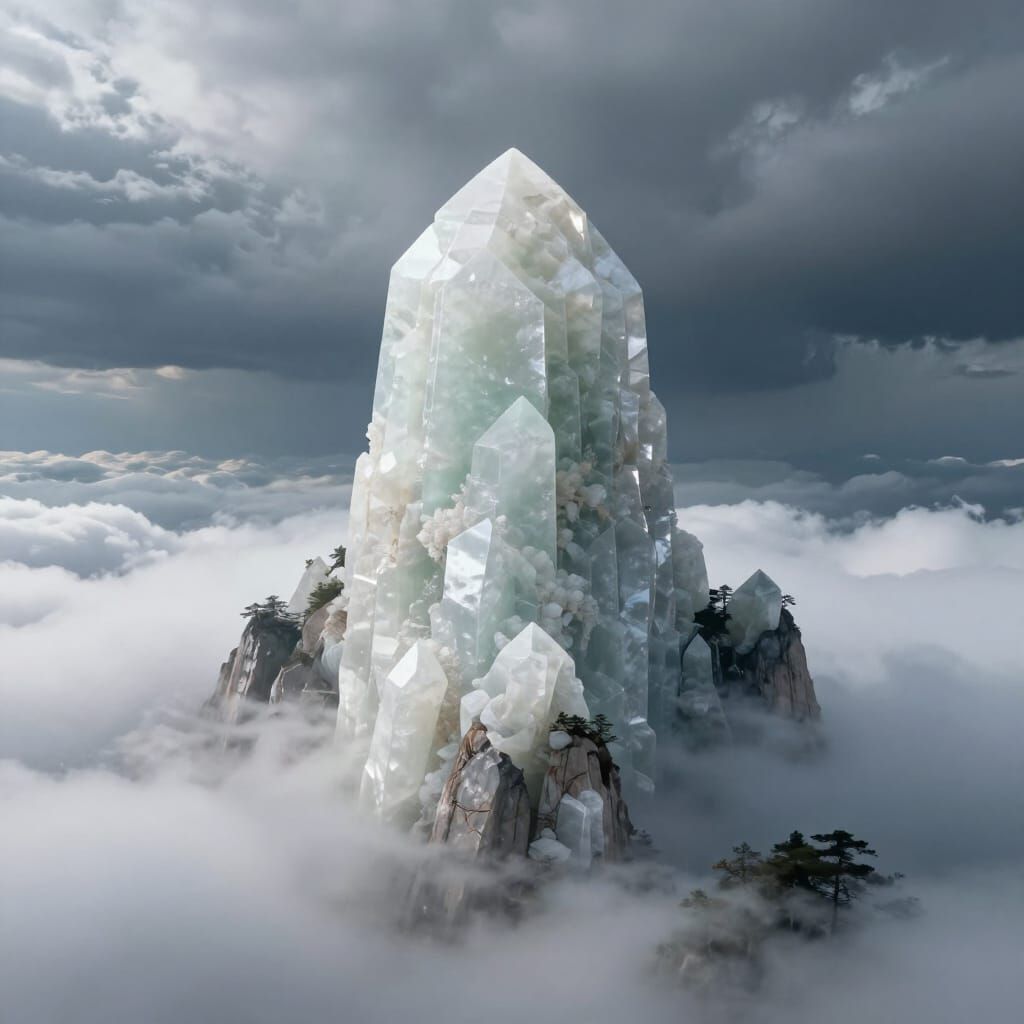Jade Mountain Peak Above Storms, Photorealistic Fantasy