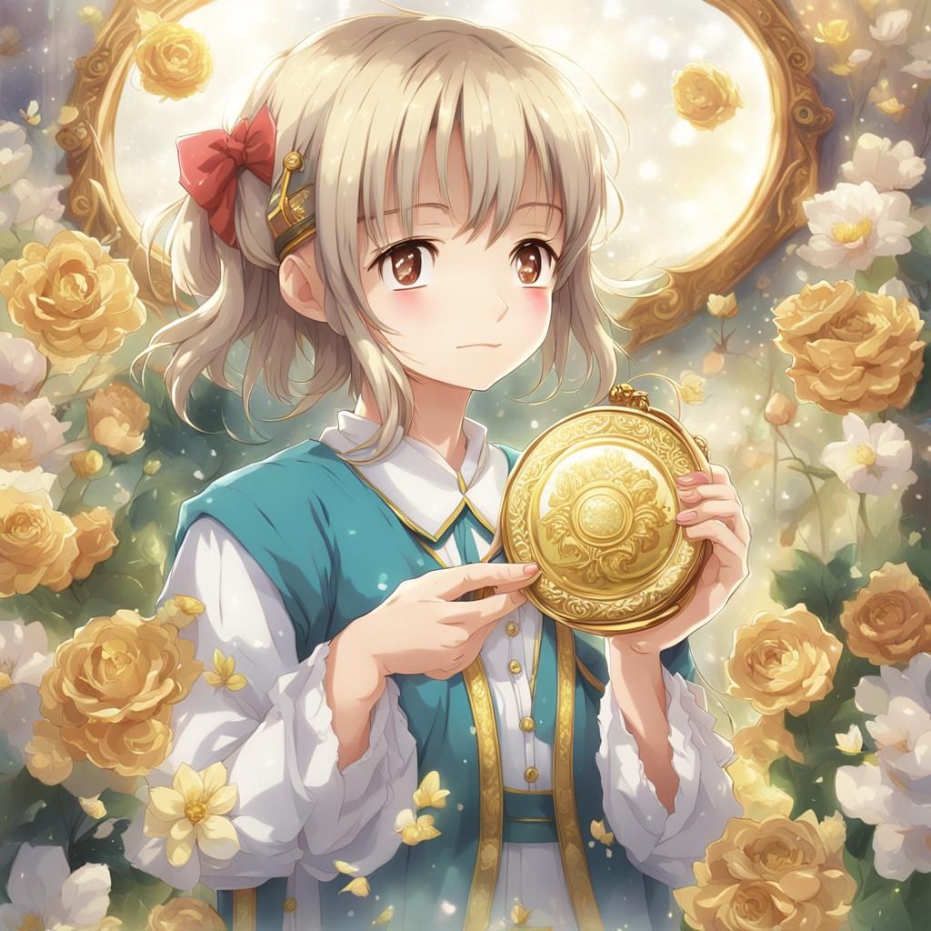 Girl with Golden Mirror in Anime Style