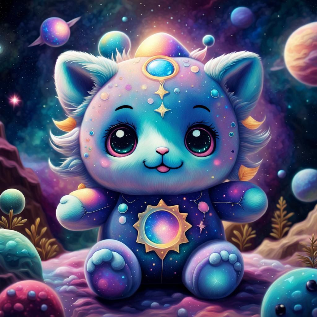 Holographic Cosmic Plush in Mixed Media Style