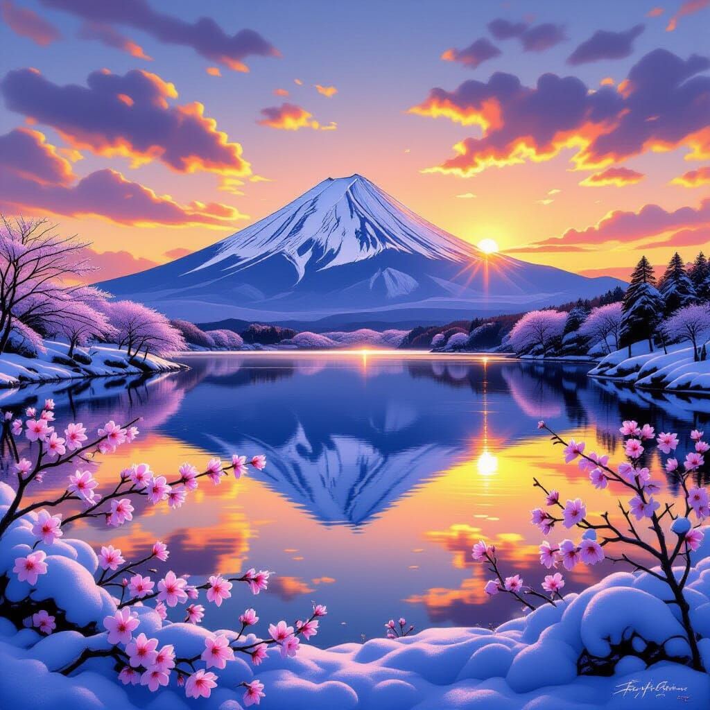 Fuji Mountain Pond in Winter Sunset with Sakura Flowers