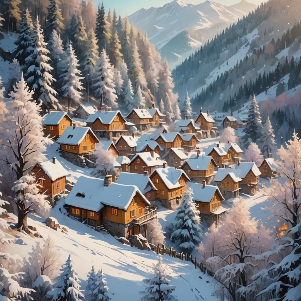 Snowy Village in Whimsical Forest: Ethereal Oil Painting
