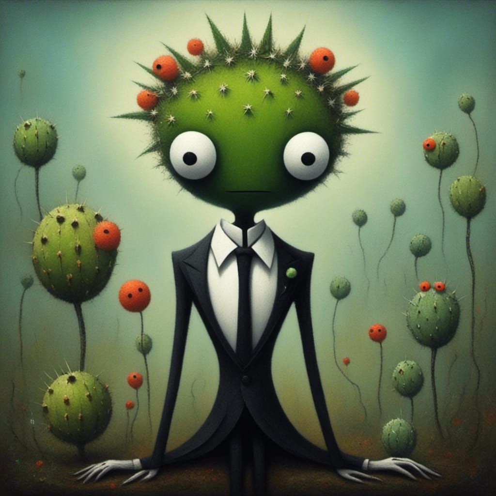 Cactus People in Black Theater, Surreal Scene