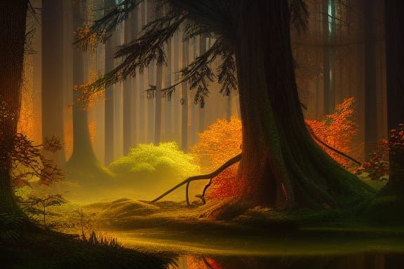 Mysterious Forest at Night with Glowing Leaves