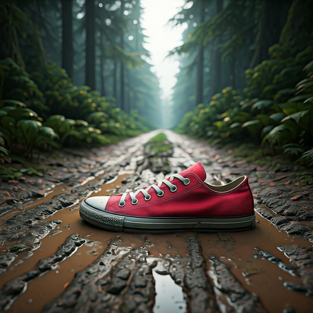 Red Converse Shoe in Mystical Forest Mud Road