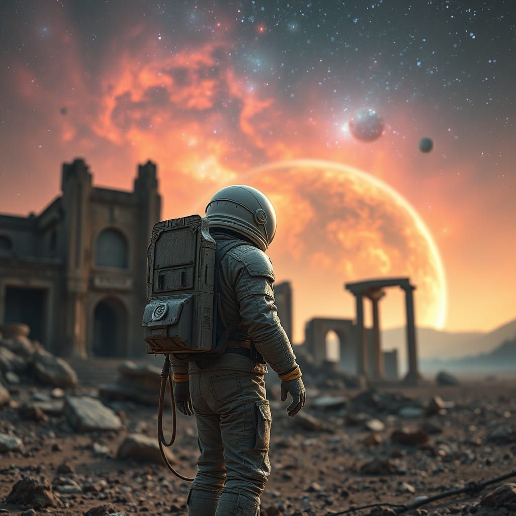 Astronaut on Alien Planet Gazing at Nebula Sky