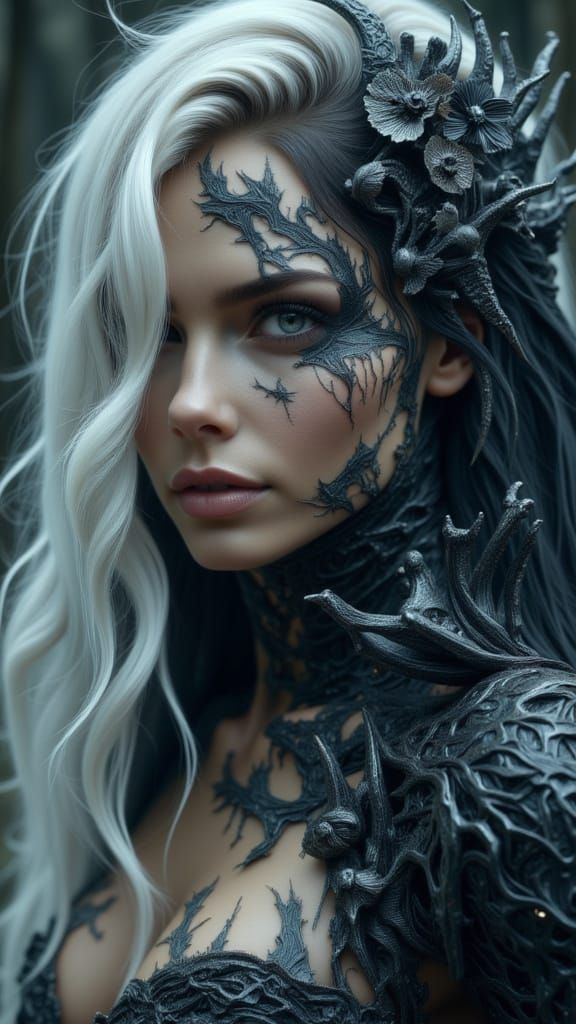 Adriana Lima as Sinister Gothic Figure in Hyperrealist Style