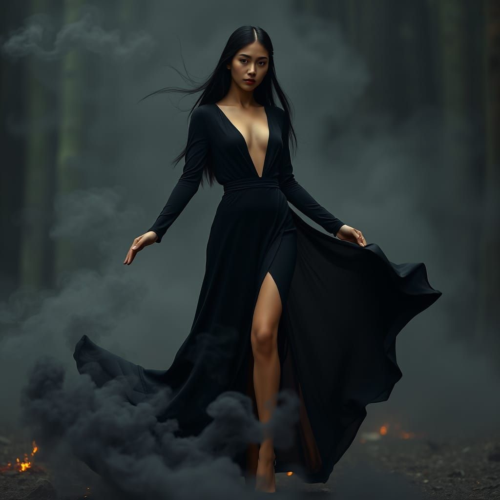 Ethereal Cambodian Woman in Smoke, Photo-Realistic Style