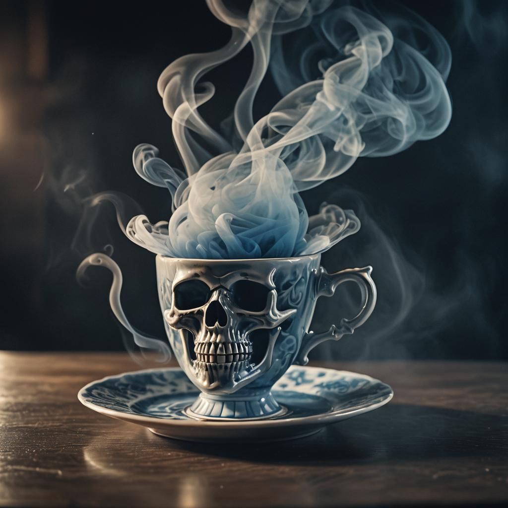 Surreal Teacup Skull Smoke Still Life in 4K