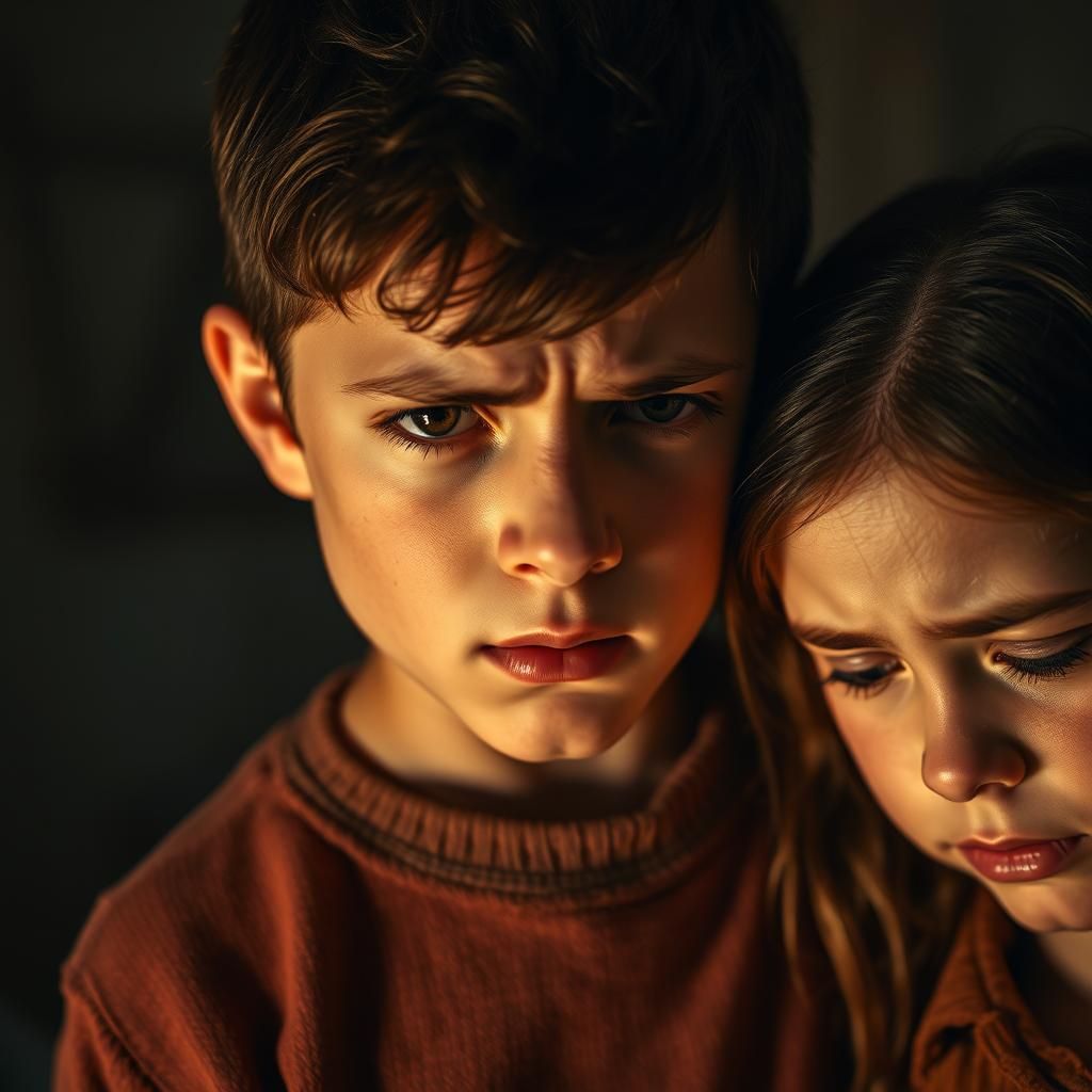 Worried Brother Beside Distressed Sister in Atmospheric Ligh...