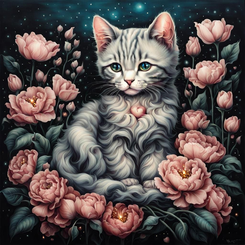 Cat Surrounded by Flowers in Dreamlike Illustration